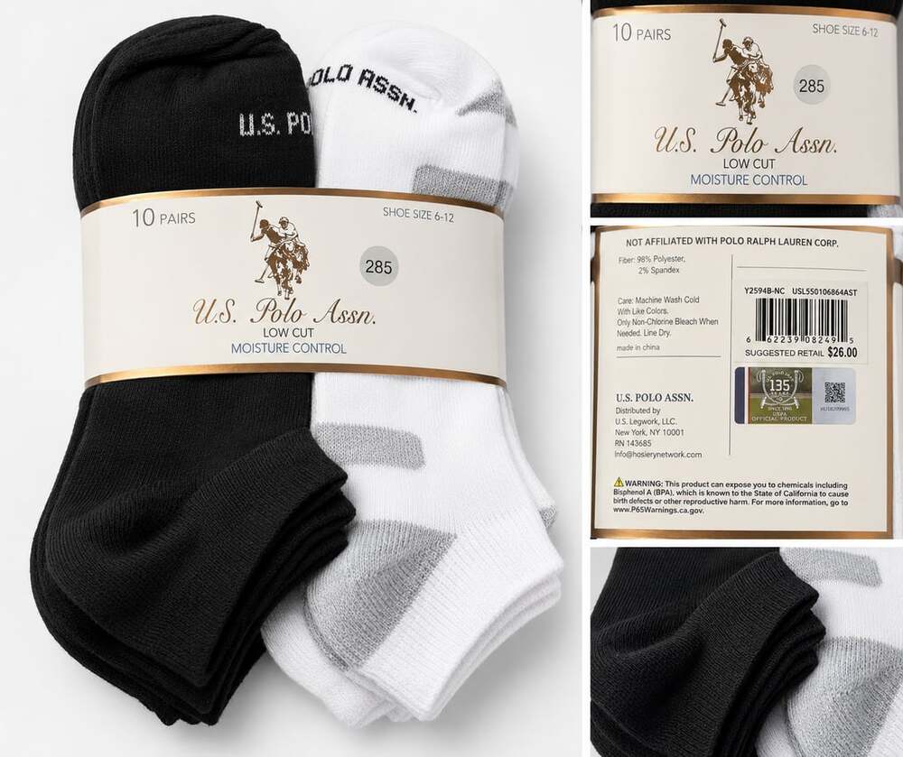 🧦 U.S. Polo Assn 10 Pair Low Cut Moisture Control Socks 6-12